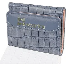 storite RFID Women's Stylish Compact Leather Wallet 5 Card Slots,1 Photo Window, 1 Zipper Slot,1 Extra Pocket & 1 Cash Compartment Ladies Mini Purse with Button Closure (Blue-11.5 x 9 x 3.5Cm)-picture-16
