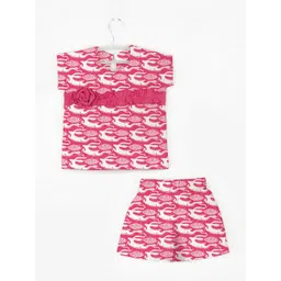 STORY TAILOR Girls Pink & White Printed Cotton Top with Shorts-picture-10