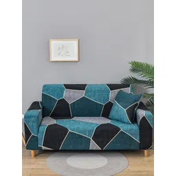 Story@home Blue & Black Printed 3 Seater Stretchable Sofa Cover With Arms-picture-28