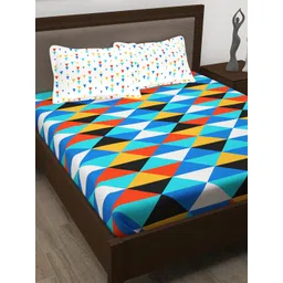 Story@home Blue & White Geometric 186 TC Cotton Queen Bedsheet with 2 Pillow Covers-picture-43