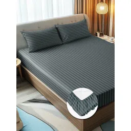 Story@home Dark Grey 300 TC Striped Queen Fitted Bedsheet With 2 Pillow Covers-picture-39
