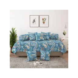 Story@Home Dusty Blue Floral Print Microfiber Diwan Bedsheet & Cushion Cover-picture-12