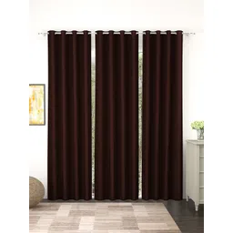 Story@Home Faux Silk Solid Solid 300GSM Dark Brown Room Darkening Blackout Long Door Curtain - Set Of 3-picture-26