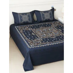 Story@home Navy Blue & Brown Ethnic Motifs 300 TC King Bedsheet with 2 Pillow Covers-picture-30