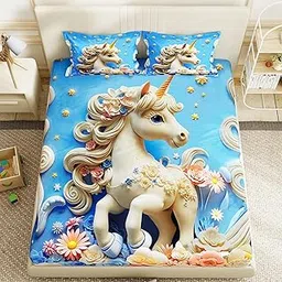 Story@Home Unicorn 7D bedsheet for Double Bed 300TC Premium Cotton Feel Microfiber with 2 King Size Pillow Cover | 225 cm x 250 CM | Blue Unicorn Kids bedsheet for Girls-picture-11