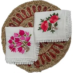 stotra Pure Cotton Handembroidered Women's Handkerchiefs-Pink Tulip and Red Rose Design-Set of 2-picture-14