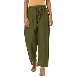 Straight Regular Fit Stylish Solid Cotton Embroidered Lace Palazzo or Bottoms for Women's-picture-35
