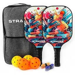 STRAUSS Pickle Ball Racket | Fiberglass Surface | Paddle Set of 2(Size 19.8*40cm), 4 Balls, 2Extra Cushioned Grips for Paddle | Pickle Ball Set | Pickleball Racket Set | Indoor/Outdoor Play (Colored)-picture-15