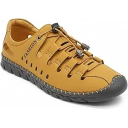stravik Men's Casual Leather Shoes, Yellow, Lace-Up, Breathable Design, Round Toe, Rubber Sole, Hand-Stitched Moccasin-picture-21