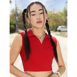 street 9 basics STREET 9 Red Polo Collar Sleeveless Cotton Crop T-shirt-picture-19