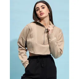 STREET 9 Beige Mock Collar Crop Pure Cotton Sweatshirt-picture-26