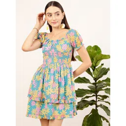 STREET 9 Blue & Mustard Floral Printed Sweetheart Georgette Fit & Flare Dress image 1