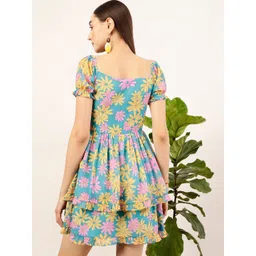 STREET 9 Blue & Mustard Floral Printed Sweetheart Georgette Fit & Flare Dress image 4