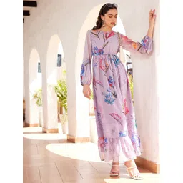 STREET 9 Floral Printed Puffed Sleeves Gatheres And Pleated Georgette Maxi Dress-picture-11