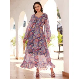 STREET 9 Floral Printed Puffed Sleeves Ruflles Georgette Cut-Out Maxi Dress-picture-10