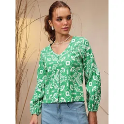 STREET 9 Floral Printed Pure Cotton Puff Sleeves Shirt Style Crop Top-picture-36
