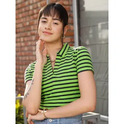 STREET 9 Green & Black Striped Polo Collar Crop Pure Cotton T-shirt-picture-16