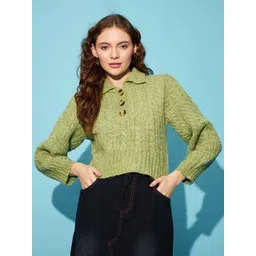 STREET 9 Green Cable Knit Spread Collar Acrylic Crop Pullover Sweater-picture-32