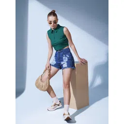 STREET 9 Green Polo Collar Slim Fit Crop T-shirt-picture-21