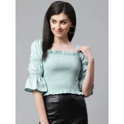 STREET 9 Green Smocked Fitted Pure Cotton Top-picture-24