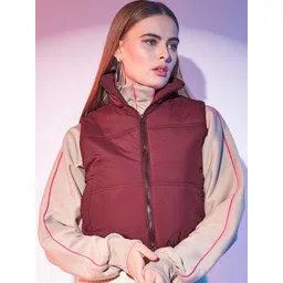 STREET 9 Maroon Stand Collar Lightweight Sleeveless Crop Puffer Jacket-picture-21