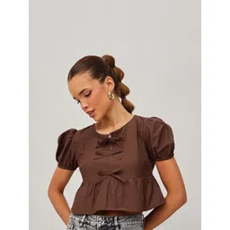 STREET 9 Puff Sleeve Tie-Up Neck Cotton Peplum Crop Top-picture-11