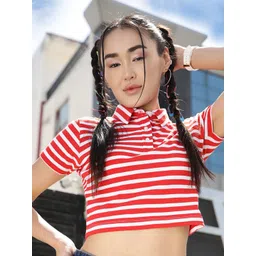 STREET 9 Red Polo Collar Striped Cotton Crop T-shirt-picture-10