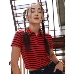 STREET 9 Red Striped Polo Collar Pure Cotton Crop T-shirt-picture-29