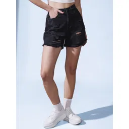 STREET 9 Women Black High-Rise Distressed Denim Shorts-picture-11