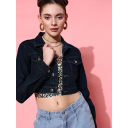 STREET 9 Women Blue Solid Crop Denim Jacket-picture-13