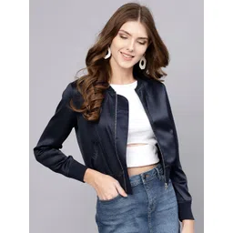 STREET 9 Women Blue Solid Satin Bomber Jacket-picture-21