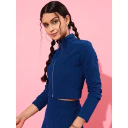 STREET 9 Women Blue Striped Crop Tailored Jacket-picture-35