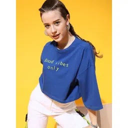 STREET 9 Women Blue Typography Printed Drop-Shoulder Sleeves Bio Finish Boxy T-shirt-picture-30