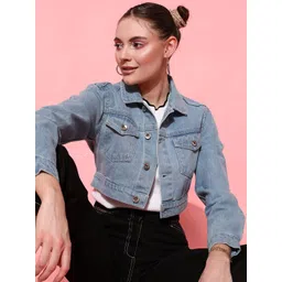 STREET 9 Women Blue Washed Crop Denim Jacket-picture-13
