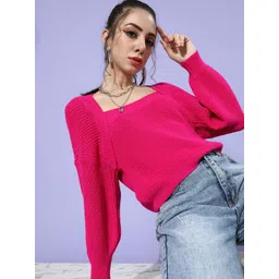 STREET 9 Women Bright Fuchsia Solid Drop-Shoulder Sleeves Sweater-picture-19