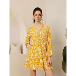 STREET 9 Women Ethnic Motifs Printed Puff Sleeves Cotton Fit & Flare Dress-picture-11
