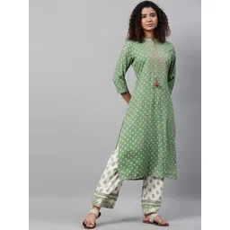 STREET 9 Women Green & Beige Ethnic Motifs Self Design Kurta With Trousers-picture-24