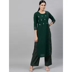 STREET 9 Women Green & Gold-Toned Embroidered Kurta with Palazzos-picture-16