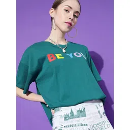 STREET 9 Women Green Typography Drop-Shoulder Pure Cotton T-shirt-picture-37