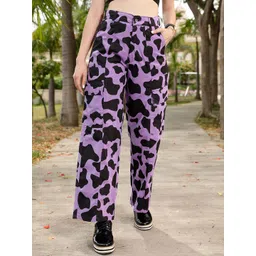 STREET 9 Women Lavender Animal Printed Relaxed Straight Leg Trousers-picture-22