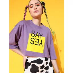 STREET 9 Women Lavender Printed Cotton Drop-Shoulder Sleeves Bio Finish Boxy T-shirt-picture-17