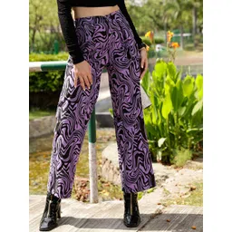 STREET 9 Women Lavender Relaxed Straight Leg Printed Loose Fit Pure Cotton Trousers-picture-24