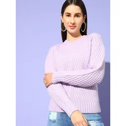 STREET 9 Women Lavender Ribbed Round Neck Long Sleeves Pullover-picture-38