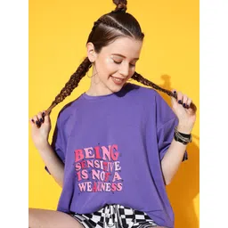 STREET 9 Women Lavender Typography Printed Drop-Shoulder Sleeves Bio Finish Oversized T-shirt-picture-32