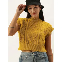 STREET 9 Women Mustard Yellow Cable Knit Crop Pullover-picture-25