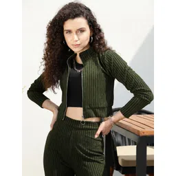 STREET 9 Women Olive Green Striped Crop Bomber Jacket-picture-22