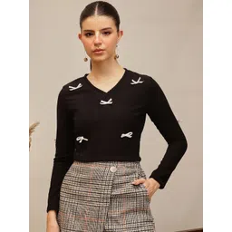 STREET 9 Women Ribbed Bow V-Neck Long Sleeve Crop Top-picture-20