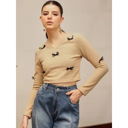 STREET 9 Women Ribbed Bow V-Neck Long Sleeves Crop Top-picture-41