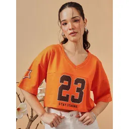 STREET 9 Women Typography Printed Extended Sleeves Applique T-shirt-picture-20