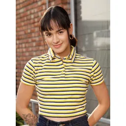 STREET 9 Yellow & White Striped Polo Collar Crop Pure Cotton T-shirt-picture-36